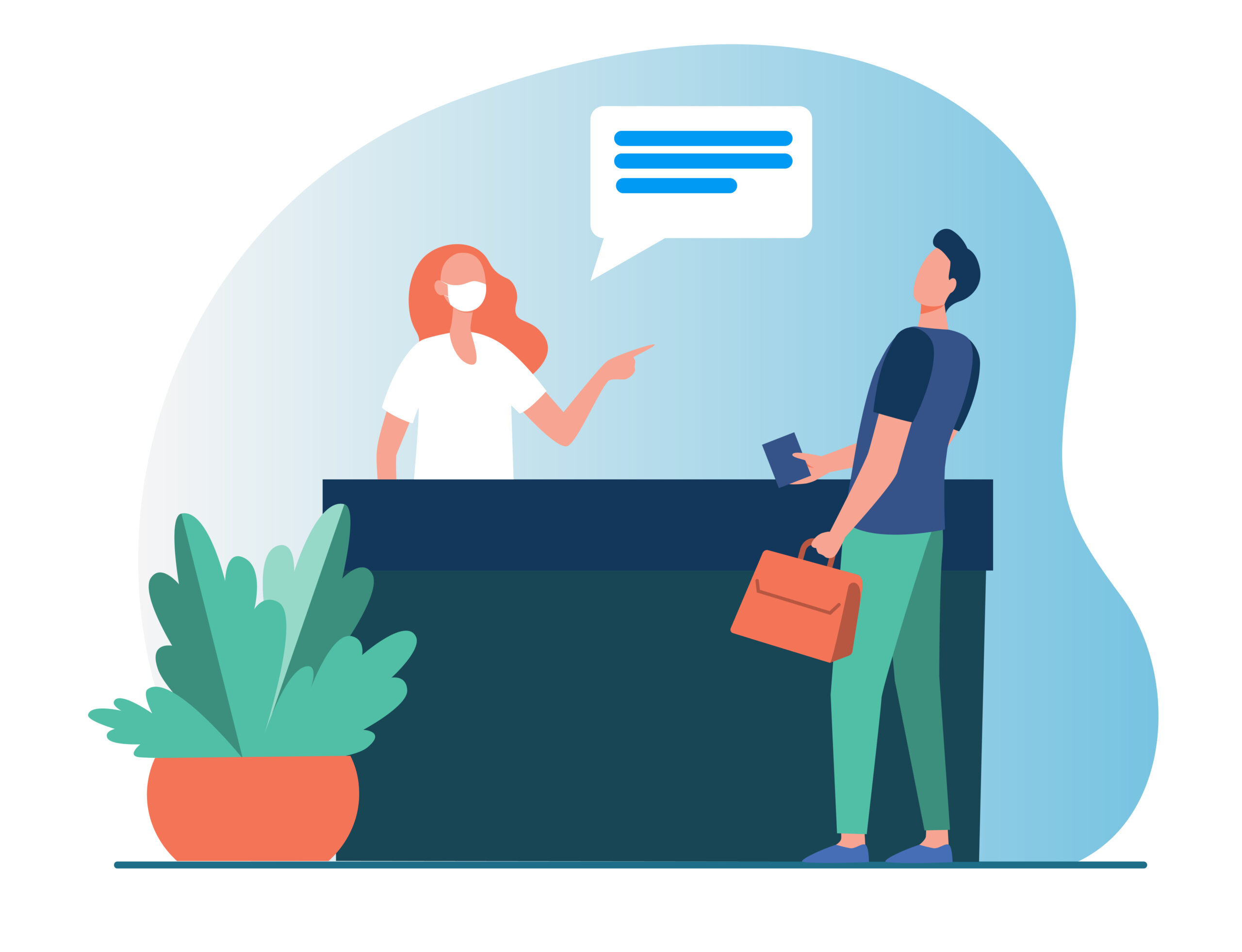 Hospital receptionist pointing at man without mask. Nurse, patient, quarantine flat vector illustration. Medicine and pandemic concept for banner, website design or landing web page